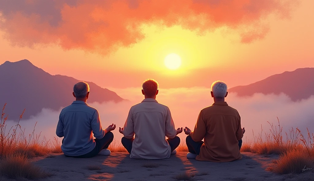 the watercolor image of mature men, sitting in a meditation position, Facing the beautiful Orissant, As the sun sets, Related to the sacred, portrait photos, Director: Drew Tucker, Director: Adam Marchinsky, Director: Alexandre Kucharisky, Director: Gavin Nolan, surrealism 8k, Director: Jason Felix, Yuri Shwedoff e Tom Bagshaw, illustrative art, Estello Eric Johnson