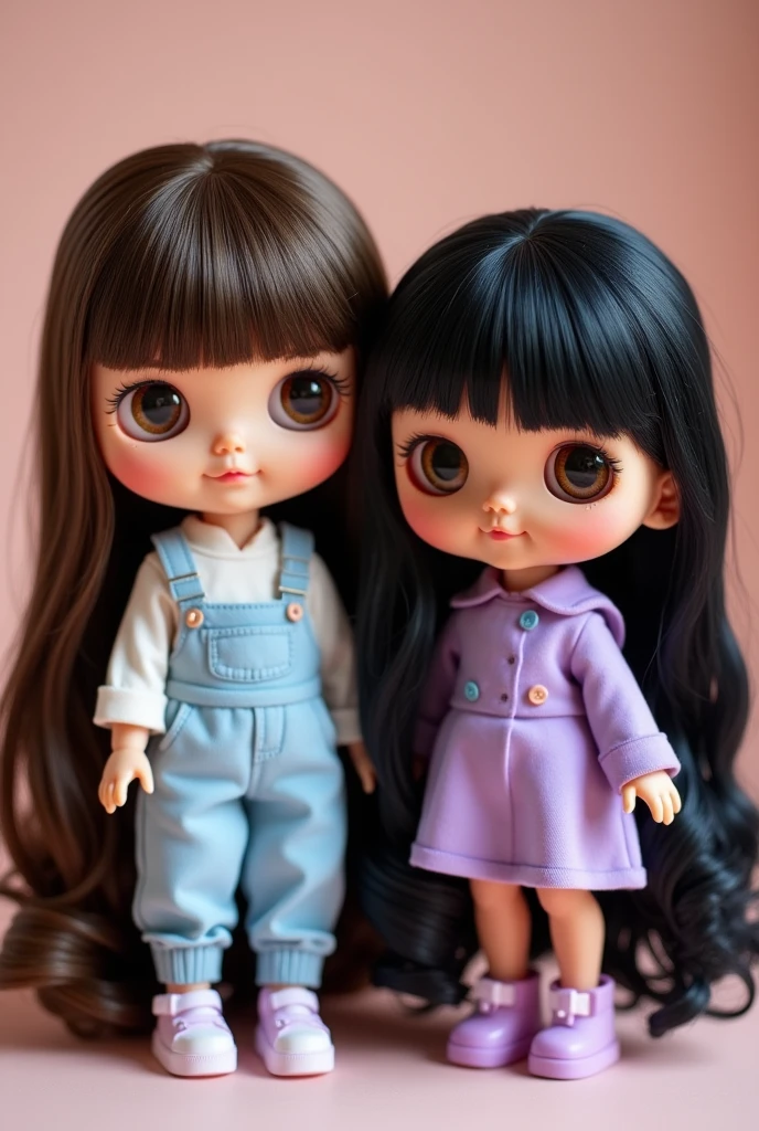 two blythe dolls, one with straight hair below the shoulders NOT bangs, Dark brown hair, light brown eyes, smiling y de mirada tierna, with light blue clothes Another blythe doll with black hair, With bangs, dark brown eyes, smiling, tender look and purple clothes, both with long hair and prettier
The one with brown hair without bangs, They are the most beautiful and cute, and they are friends, the one with brown hair no bangs, no bangs, no bangs, no hair on the forehead, pelo cafe NOT BANGS, looking to the camera, the one with brown hair NOT BANGS, no bangs, no bangs