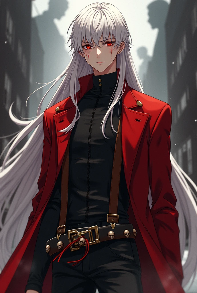 Raise a man. This man will be tall, with pale skin, long, white hair. He will have red eyes, a wistful smile, and a defined jawline. He will be tall and slender, with broad shoulders and a defined physique. He will wear a red overcoat, with a black shirt underneath and some brown straps. His pants will be black, with a belt with small skulls. He will wear black boots, with red laces. There will be bloodstains on your face. HE IS YOUNG. ANIME STYLE. HE'S NOT CUTE!!!