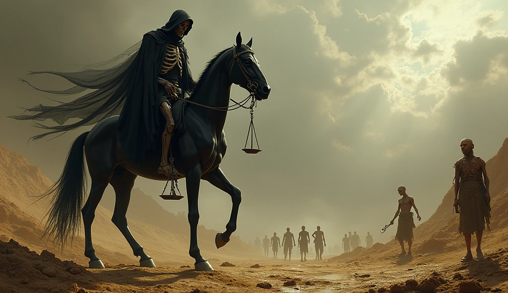 Close-up of the third Horseman of the Apocalypse, representing Famine. He rides a gaunt black horse, holding a set of scales in his skeletal hand. His face is hollow, with sunken cheeks and eyes that reveal the suffering he brings. The land beneath him is barren and cracked, with withered crops, starving people, and empty marketplaces, highlighting the scarcity and despair.