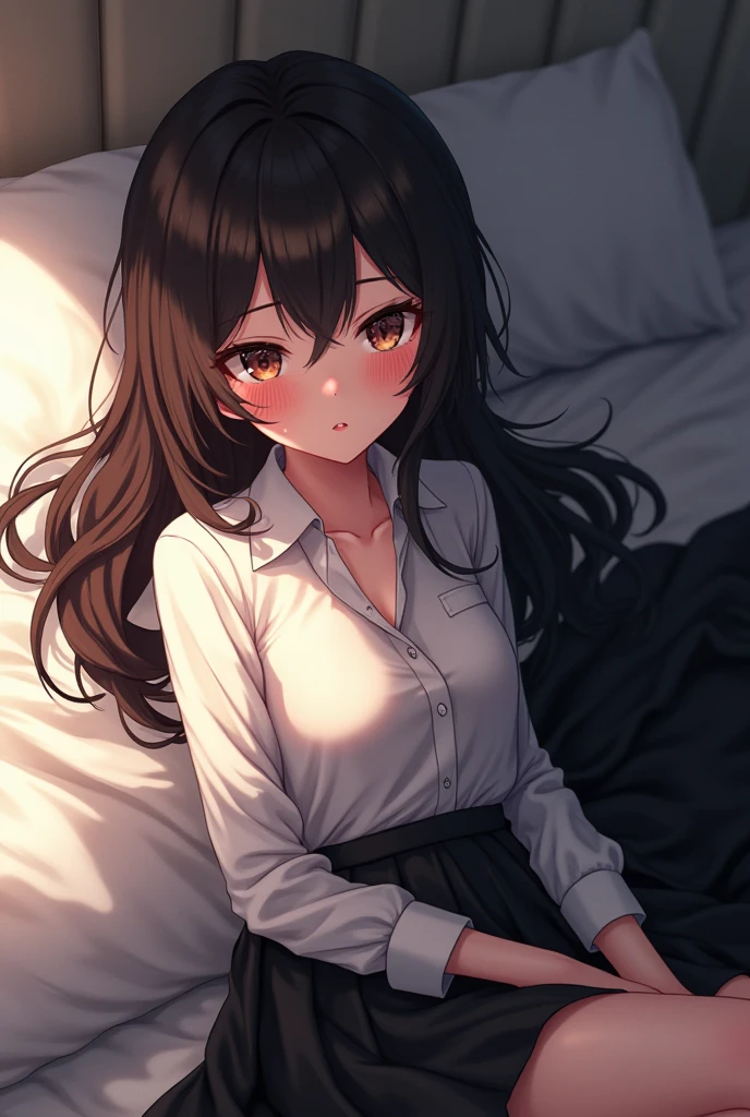 Elaina,anime girl, lie on a bed,white shirt,black skirt,black cloak, pake face, sweating, heavy breath, blushing, pregnant, spread legs, (best quality:1.2), ultra-detailed,realistic ,portraits, vivid colors, soft lighting, interesting PoV,