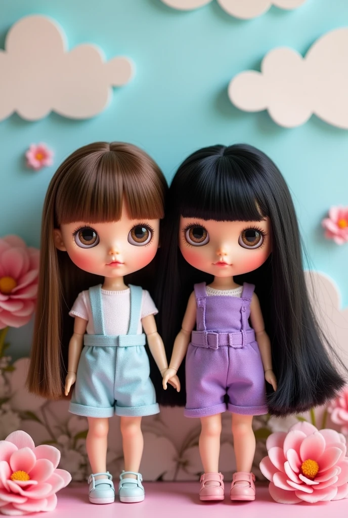 two blythe dolls, one with straight hair below the shoulders NOT bangs, Dark brown hair, light brown eyes, smiling y de mirada tierna, with light blue clothes Another blythe doll with black hair, With bangs, dark brown eyes, smiling, tender look and purple clothes, both with long hair and prettier
The one with brown hair without bangs, They are the most beautiful and cute, and they are friends, the one with brown hair no bangs, no bangs, no bangs, no hair on the forehead, pelo cafe NOT BANGS, looking to the camera, the one with brown hair NOT BANGS, no bangs, no bangs