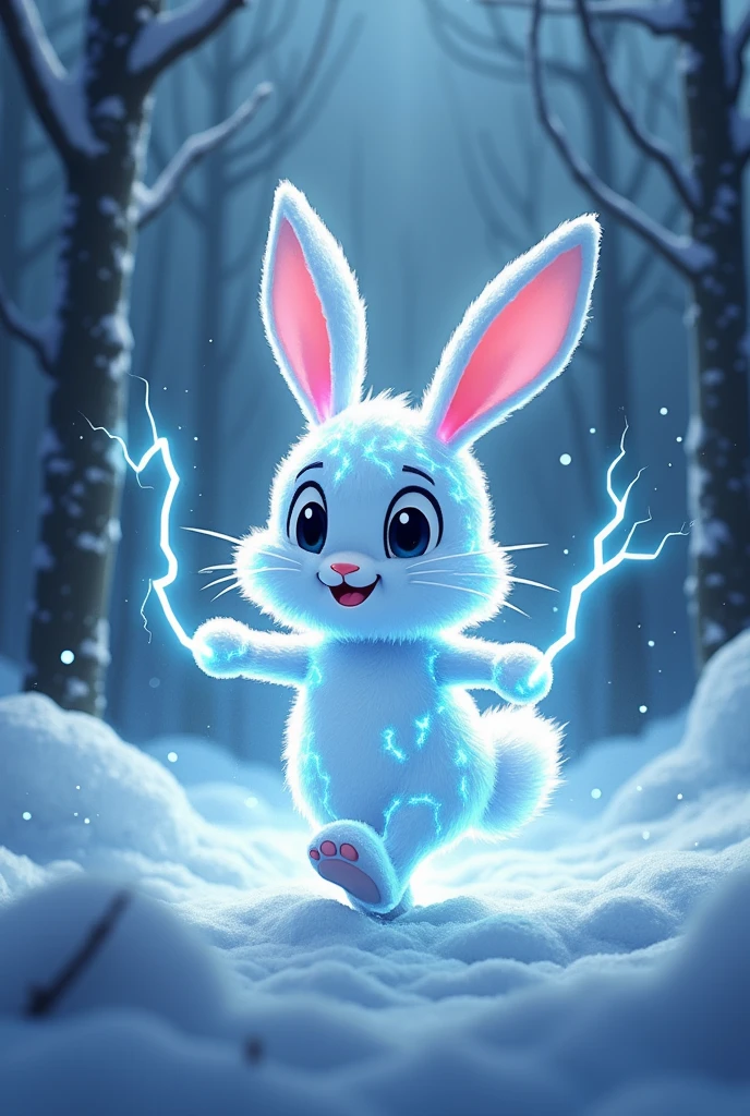 Electric rabbit with lightning, harsh winter, forst, cartoons