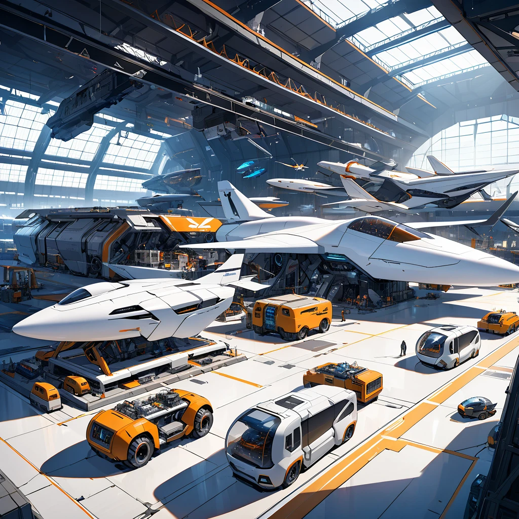 futuristic hangar, spaceships parked and unmanned, repair machinery and spare parts such as airplane wings and engines scattered throughout the area.