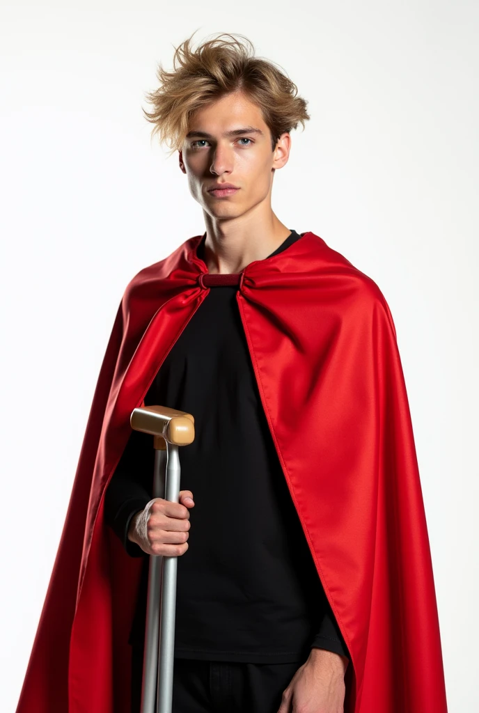 A young man,Forehead,((half body,blonde hair with brown tips),crutch,red cape,hood,solid color background,White background