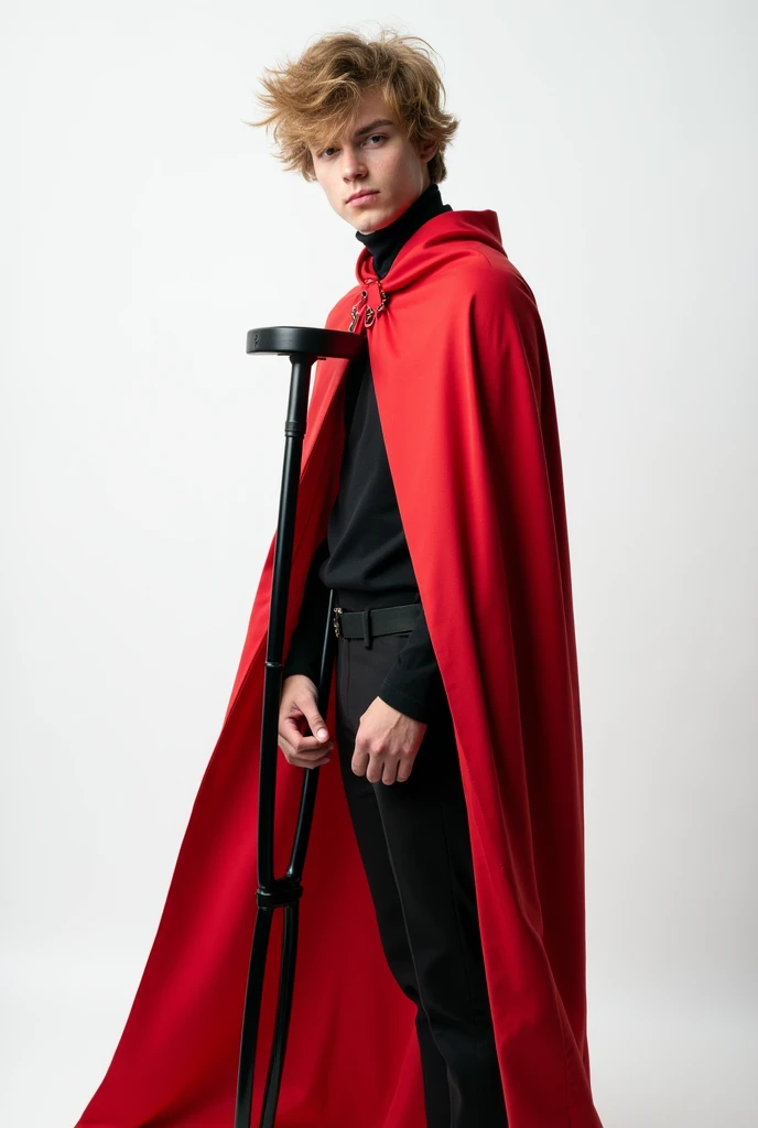 A young man,Forehead,((half body,blonde hair with brown tips),crutch,red cape,hood,solid color background,White background