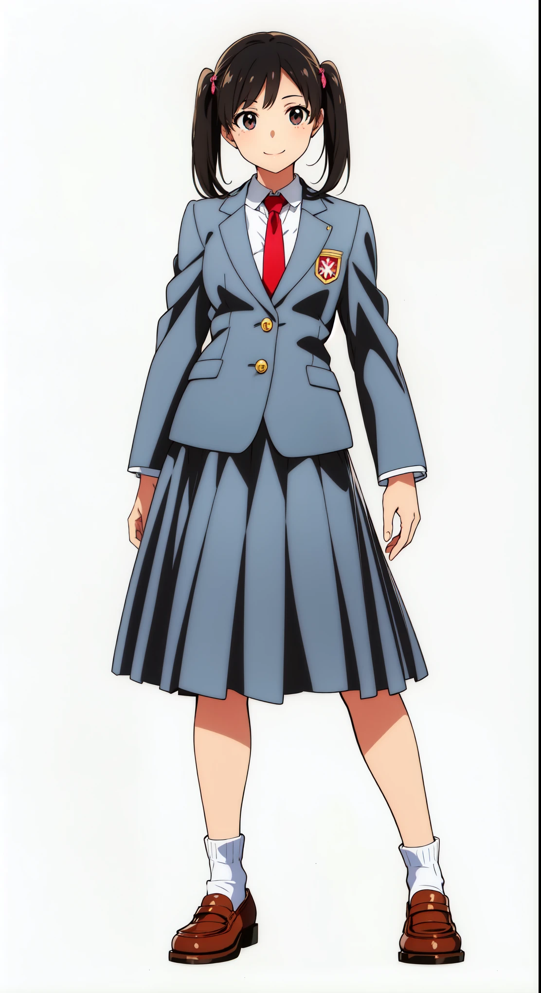 (white background:1.0), (best quality:1.0), (masterpiece:1.0), (super fine illustration:1.0), (beautiful artwork:1.0), (anime screencap:1.0), (official art:1.0), (full body:1.0), (solo:1.0), (a 17yo cute girl:1.0), (long skirt:1.0), (dark blue skirt:1.0), (pleated skirt:1.0), (school uniform dark blue blazer:1.0), (red necktie:1.0), (loafers:1.0), (white socks:1.0), (ideal ratio body proportions:1.0), (lanky:1.0), (tall:1.0), (slender:1.0), (small breasts:1.0), (smaller face:1.0), (smile:1.0), (cheerful:1.0), (detailed beautiful eyes:1.0), (detailed beautiful face:1.0), (glowing black eyes:1.0), (short hair:1.0), (twin tails:1.0), (swept bangs:1.0), (black hair:1.0), (standing:1.0), (looking at viewer:1.0)