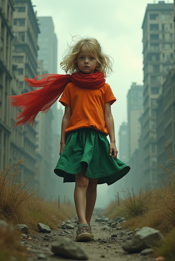 Girl with short blonde hair to the cheek,Red scarf,orange shirt,green skirt to the knee,apocalyptic world background.
