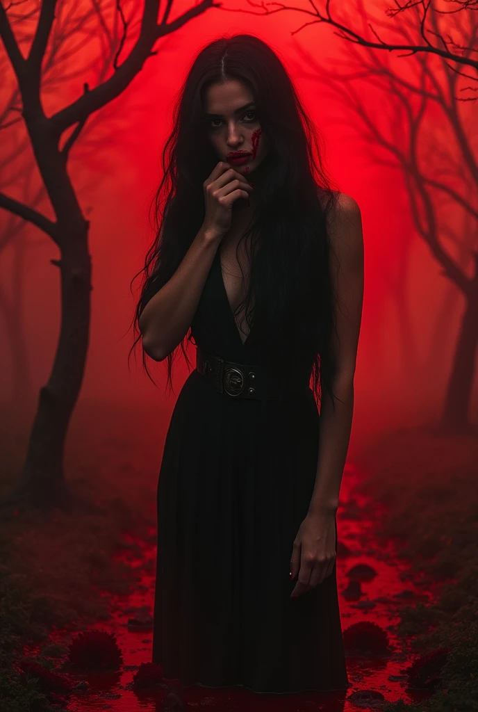 A woman with long hair bathed in blood looking directly forward while wiping her mouth, which is also bloody.