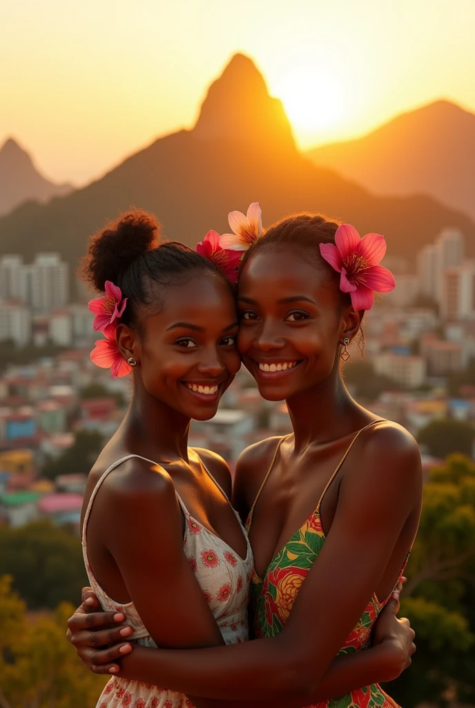 (photorealism:1.2), African woman with shaved head and Latina , hugging , Rio De Janeiro instagram filter