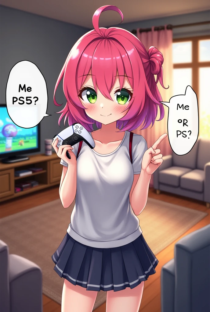Anime girl, staring at you, With a Pervert face, With a floating bubble saying: me or PS5? , Nice details, she holding a controller of the ps5 To provoke the user, Tv at backgroubd, Room:Living room, i chosed the girl and you decide what happens