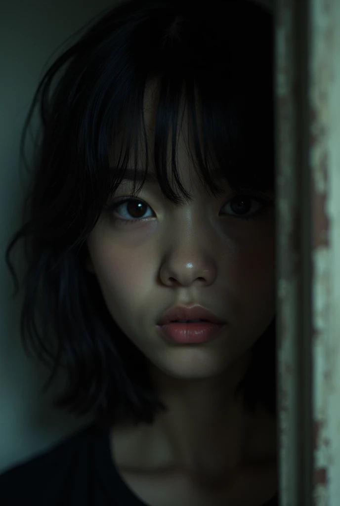 photorealistic portrait of a 16 year old girl, black hair, fair skin, partially obscured face, low quality, dark mood, moody lighting, soft focus, atmospheric, cinematic