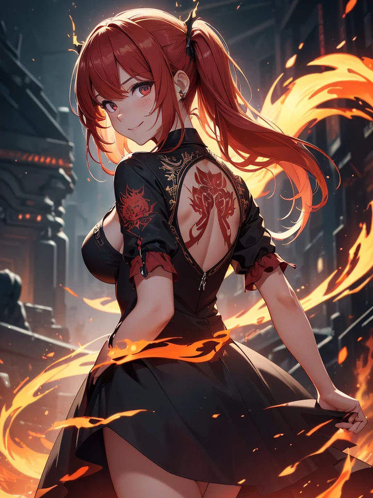 (((best quality, sharp image, clear image, cinematic lighting, 8k resolution, masterpiece, ultra detailed, intricate))) Girl, (((looking over left shoulder))), (shot from behind), ((shot from hip up)), fiery red hair, pigtails, ((intricate black dress)), ((flaming sigils, flaming runes)), spiky rock formations, (flaming lotus flowers frame), (intricate background), (chaotic background), ((Phoenix)), (swirling flames), smiling,tatoo on back