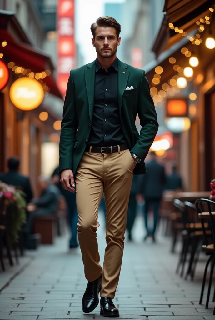 A man with black oxford shoes, beige pants, black shirt and dark green jacket