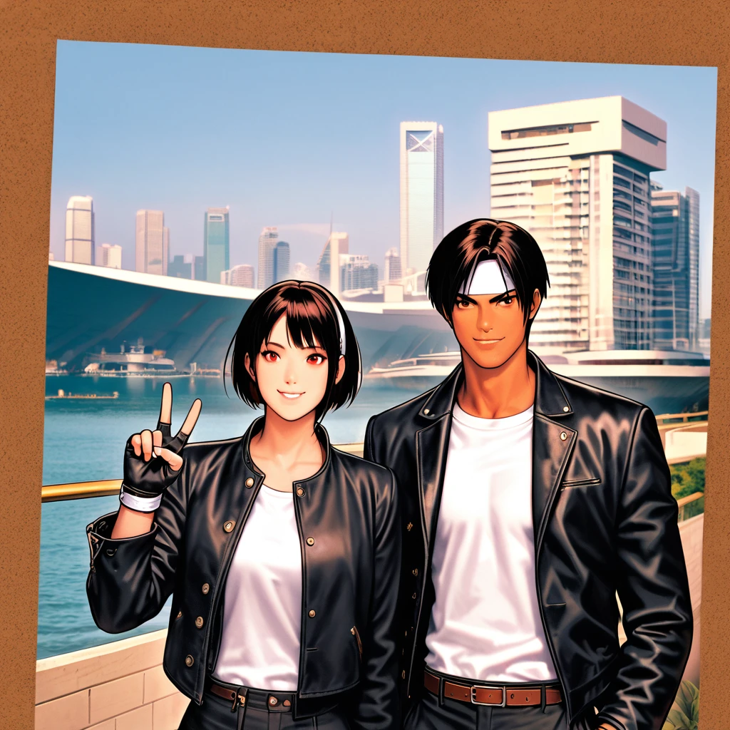 Color Changing, Two People, Short Cut, Dark Skin, Red Eyes, ((Armless Black Jacket)), Fingerless Gloves, Black Hair, White T-shirt, ((White Headband)), Black Pants, White Shoes, Brown Belt, Handsome, Photo, Attractive, Masterpiece, High Resolution, Detailed Face, Fine Grain, Confident Smile , Sentosa Island in the background , Singapore, man and woman, smiling looking up at the sky, man and woman same hairstyle and clothes, peace sign, blue sky, drinking juice, day,