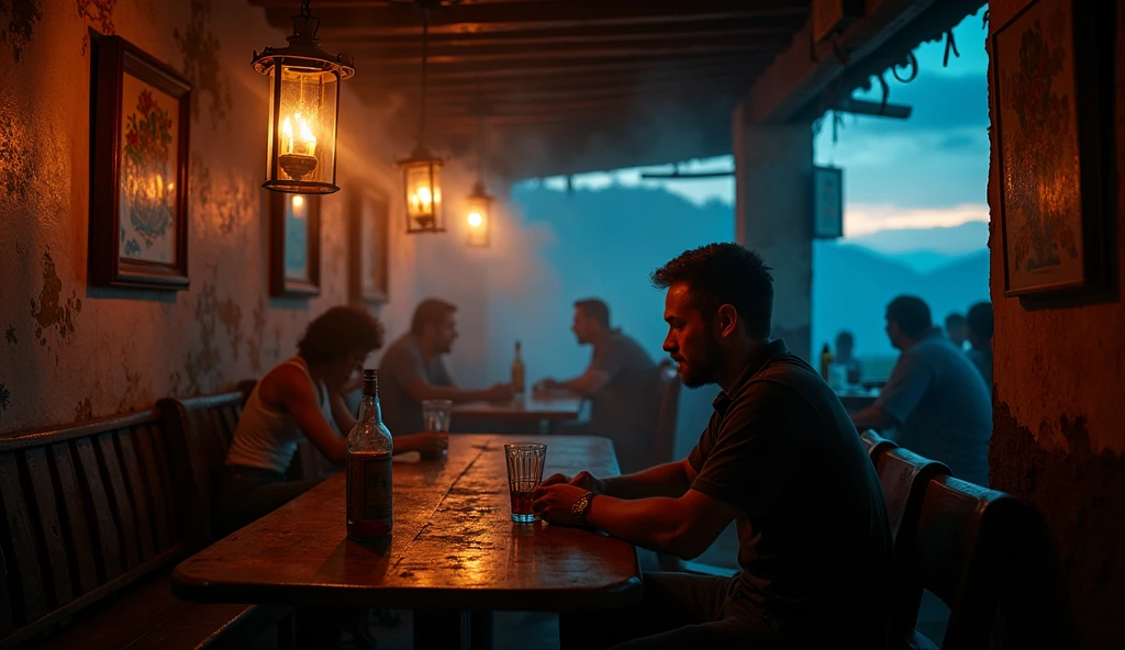 in a cantina amidst smoke and liquor a 30-year-old man absorbed in his thoughts, He holds a nearly empty glass in his hands, while looking through a window where the twilight can be seen on the horizon, 16:9, very detailed shadows and lights accentuate the melancholic atmosphere of the scene, classic atmosphere of a traditional Mexican cantina, in the image there are other people sitting at other tables talking, and you can see the bar of the cantina, all with elements of traditional Mexican culture