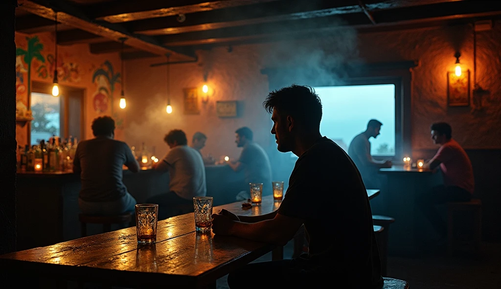 in a cantina amidst smoke and liquor a 30-year-old man absorbed in his thoughts, He holds a nearly empty glass in his hands, while looking through a window where the twilight can be seen on the horizon, 16:9, very detailed shadows and lights accentuate the melancholic atmosphere of the scene, classic atmosphere of a traditional Mexican cantina, in the image there are other people sitting at other tables talking, and you can see the bar of the cantina, all with elements of traditional Mexican culture