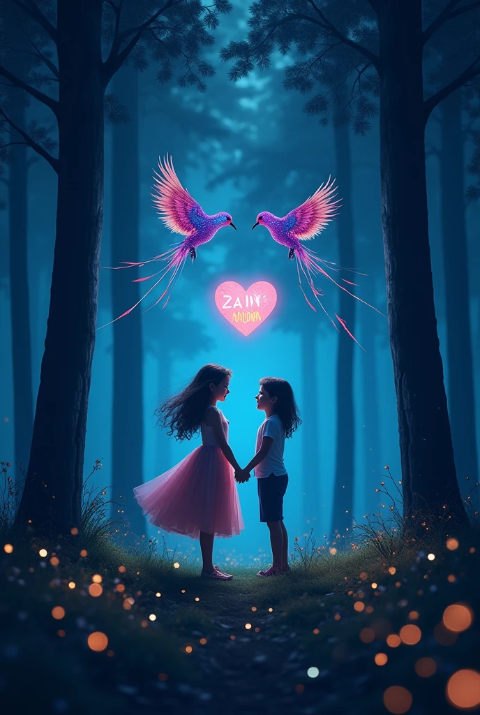 create a 3d realistic image and Craft an ethereal forest scene with glowing fireflies, where a pair of birds are creating heart-shaped patterns in the sky with their flight with neon glowing two names 'Zain' and 'Madina' and a heart between them