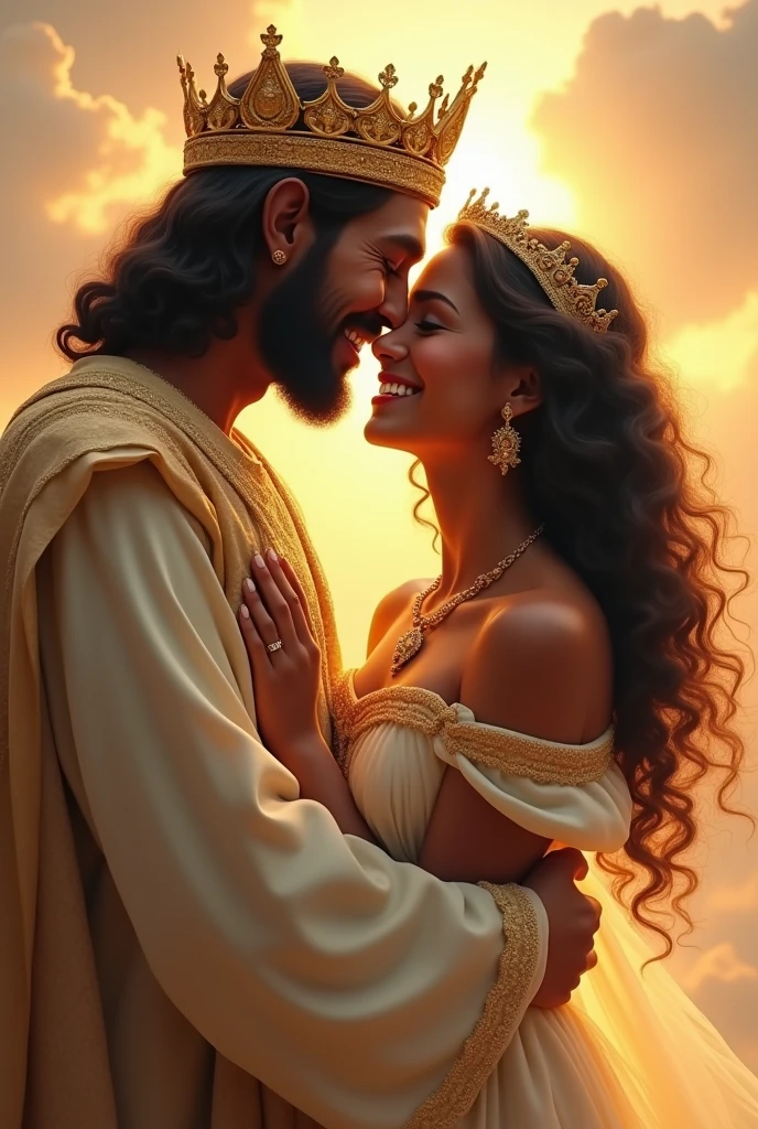 jesus abraçada comigo, I have brown skin, not so dark, curled hair, black and a little brown, brown dark eyes, and a beautiful smile, without crooked teeth, a beautiful garment, in the princess style, dainty, My hair is long, my nose is not so thin and it's not so big either, I would like it to be a moment of encounter with Him, jesus, let the garment of Jesus be like a king of heaven, with a crown, my dress fitting and pure at the same time, meus curled hair e longos,