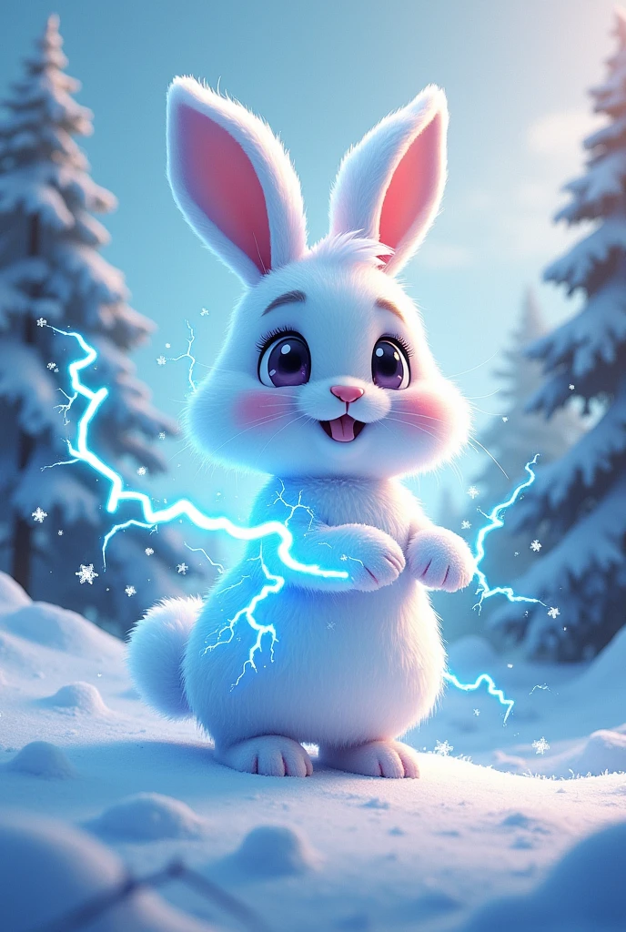 Electric rabbit with lightning, harsh winter,  forst, cartoons 