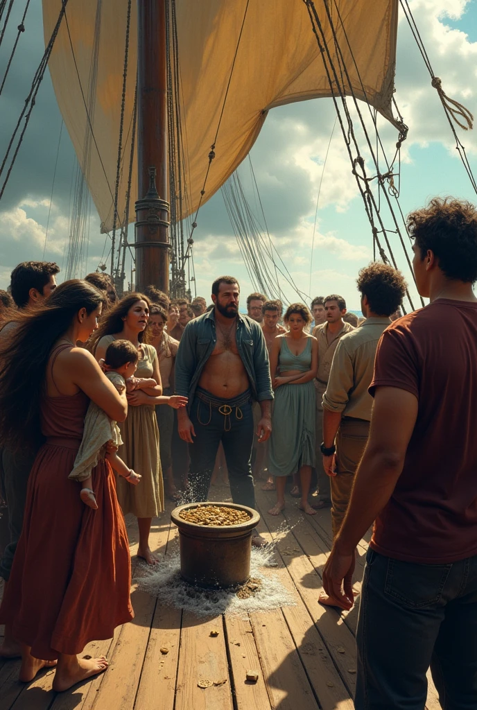 Scene of passengers gathered on the deck of a sailing ship in panic, casting lots to see who should be thrown overboard.