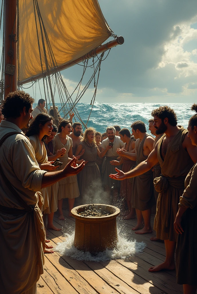 Scene of passengers gathered on the deck of a sailing ship in panic, casting lots to see who should be thrown overboard. 
