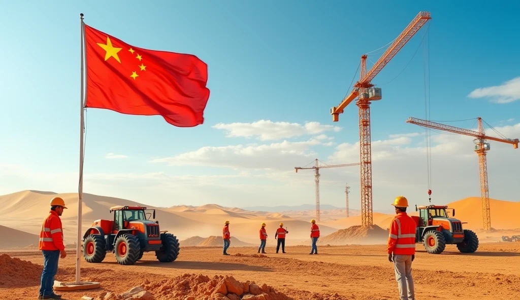 Create an image with multiple builders and construction machines with the Chinese flag in the desert