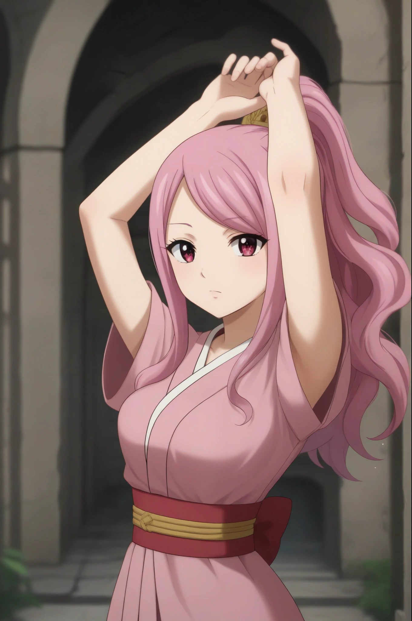 score_9, score_8_up, score_7_up, source_anime, rating_safe, , semi-realistic, looking at viewer, depth of field, 1girl, solo, meredy_fairy_tail, pink hair, pink eyes, long hair, ponytail, asymmetrical, ancient ruins, indoors, arms above head, sparkling eyes, pink kimono, 