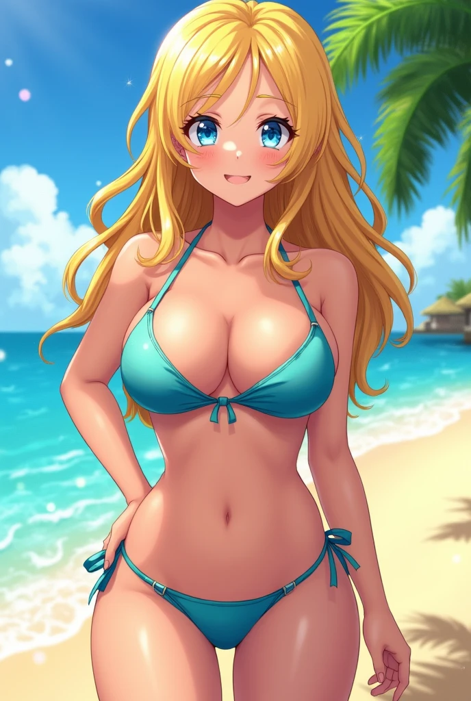 Big tits blonde anime girl with blue eyes, micro bikini and big thighs staring at the viewer.