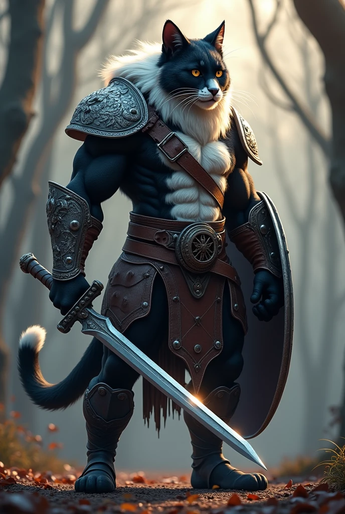 I want you to make an image of a humanoid feline holding a body shield
On the left arm
Put some leather armor on it
Now a longsword on the right arm
The body is to have fur
And I want the fur to be black and white