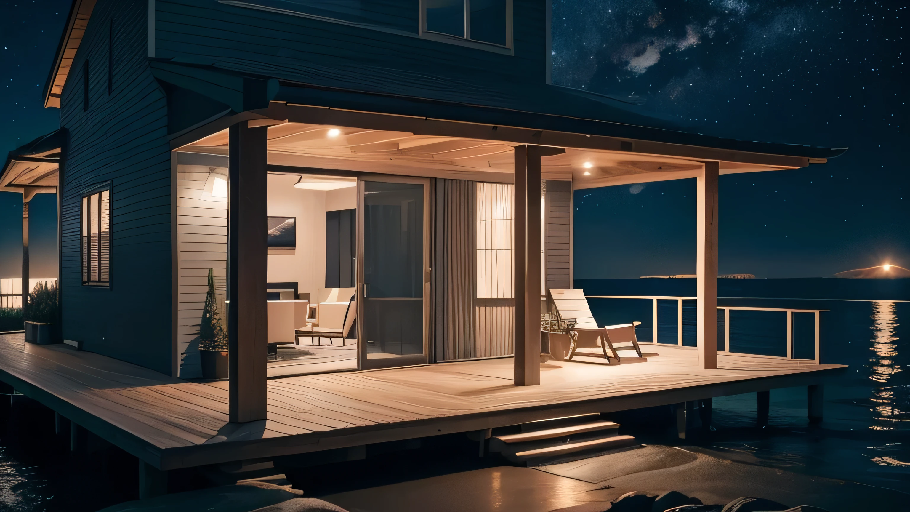 Create a nighttime beach house background with a calming and minimalistic style, At night, The scene should depict the exterior of a modern beach house under a starry sky, Include soft lighting to highlight the house’s features, such as large windows and a cozy porch, Surround the house with gentle waves of the sea and minimalistic details like a few simple beach chairs or palm trees, The color palette should consist of dark blues and gentle grays to evoke a serene, tranquil nighttime atmosphere, Ensure the design is clean and modern, with a focus on simplicity and peaceful ambiance