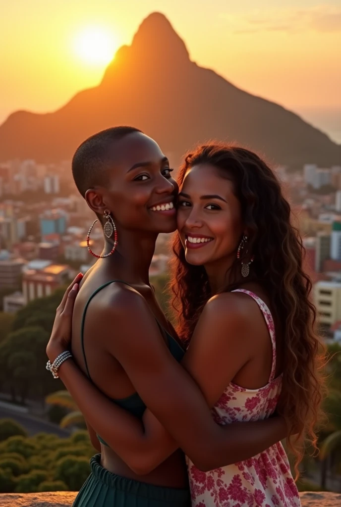 (photorealism:1.2), African woman with shaved head and Latina woman , hugging , Rio De Janeiro instagram filter