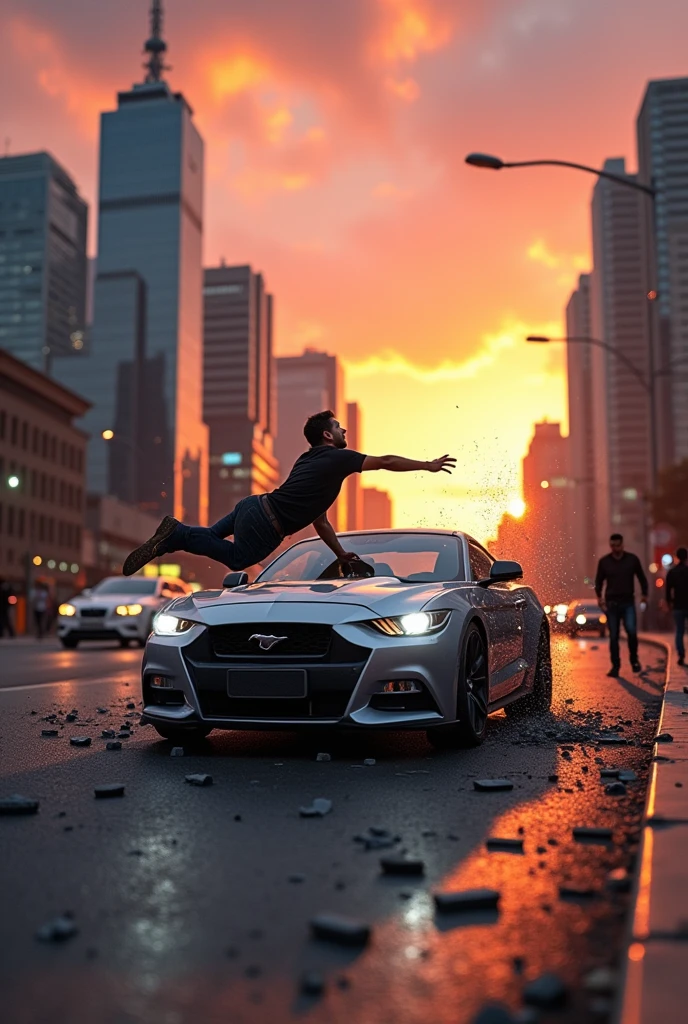 Generate me an image of a car hit from the front where the man is run over and flies over the panoramic