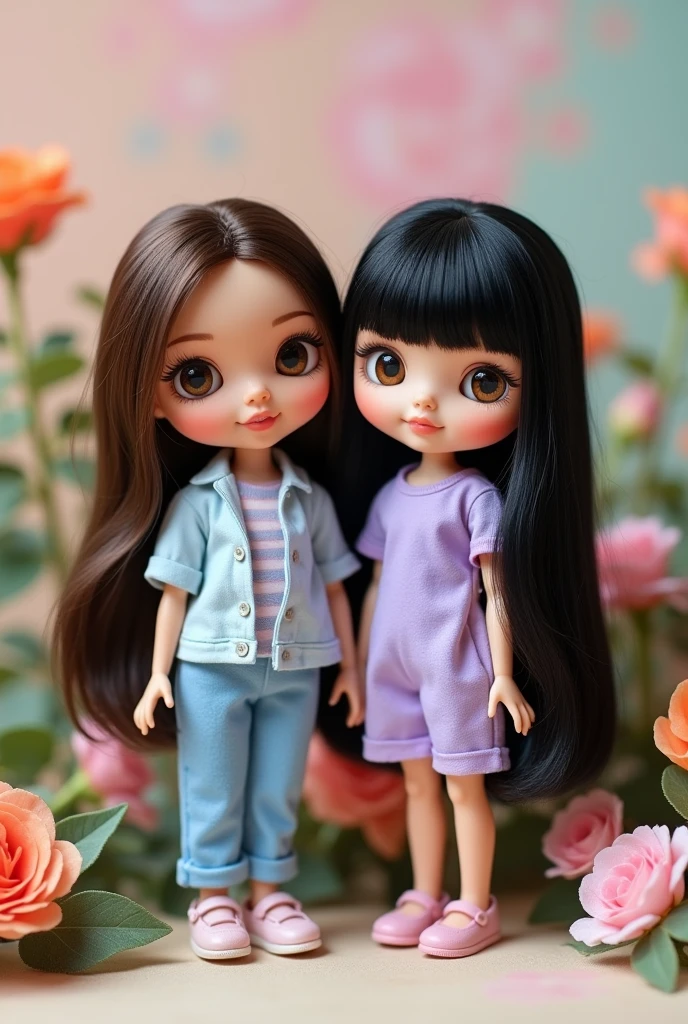 two blythe dolls, one with straight hair below the shoulders NOT bangs, Dark brown hair, light brown eyes, smiling y de mirada tierna, with light blue clothes Another blythe doll with black hair, With bangs, dark brown eyes, smiling, tender look and purple clothes, both with long hair and prettier
The one with brown hair without bangs, They are the most beautiful and cute, and they are friends, the one with brown hair no bangs, no bangs, no bangs, no hair on the forehead, pelo cafe NOT BANGS, looking to the camera, the one with brown hair NOT BANGS, no bangs, no bangs