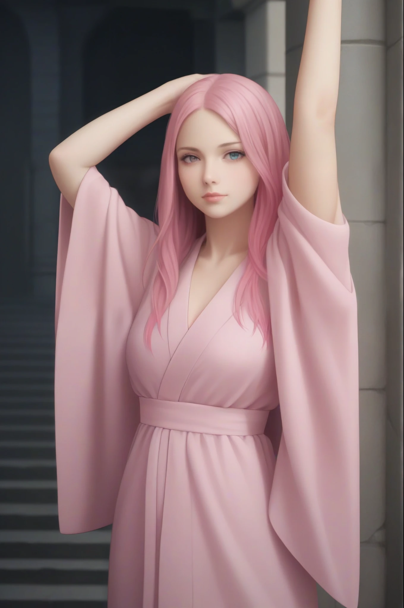 a beautiful girl with long pink hair in a pink kimono, standing in ancient ruins with her arms raised, looking directly at the viewer, highly detailed, realistic, 4k, ultra-detailed, masterpiece, photorealistic, vibrant colors, cinematic lighting, depth of field, intricate details, solo, anime style