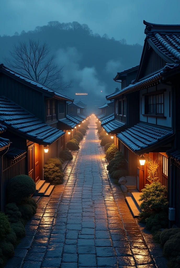 Japan,Kyoto,night,Hot Spring Town,town, Cobblestones,Exterior lights, Old House, vapor,Solemn, Great composition, Realistic lighting, HD detailed, masterpiece, Highest quality, (High-definition CG synthesis 8k wallpaper)