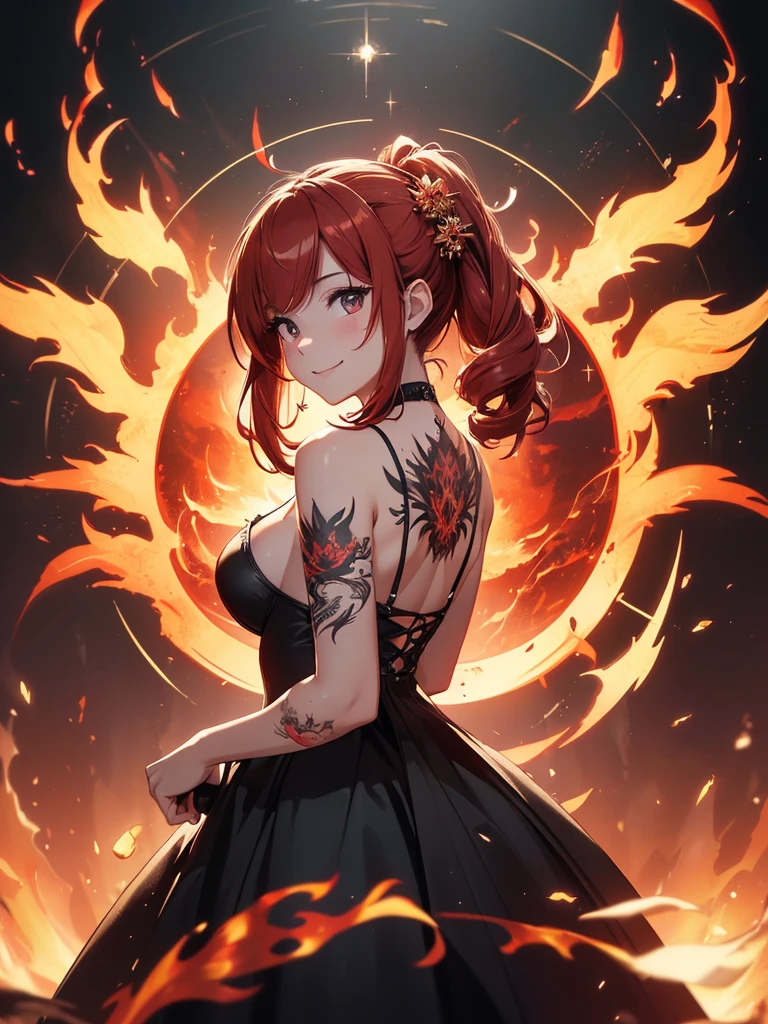(((best quality, sharp image, clear image, cinematic lighting, 8k resolution, masterpiece, ultra detailed, intricate))) Girl, (((looking over left shoulder))), (shot from behind), ((shot from hip up)), fiery red hair, pigtails, ((intricate black dress)), ((flaming sigils, flaming runes)), spiky rock formations, (flaming lotus flowers frame), (intricate background), (chaotic background), ((Phoenix)), (swirling flames), smiling,tatoo on back