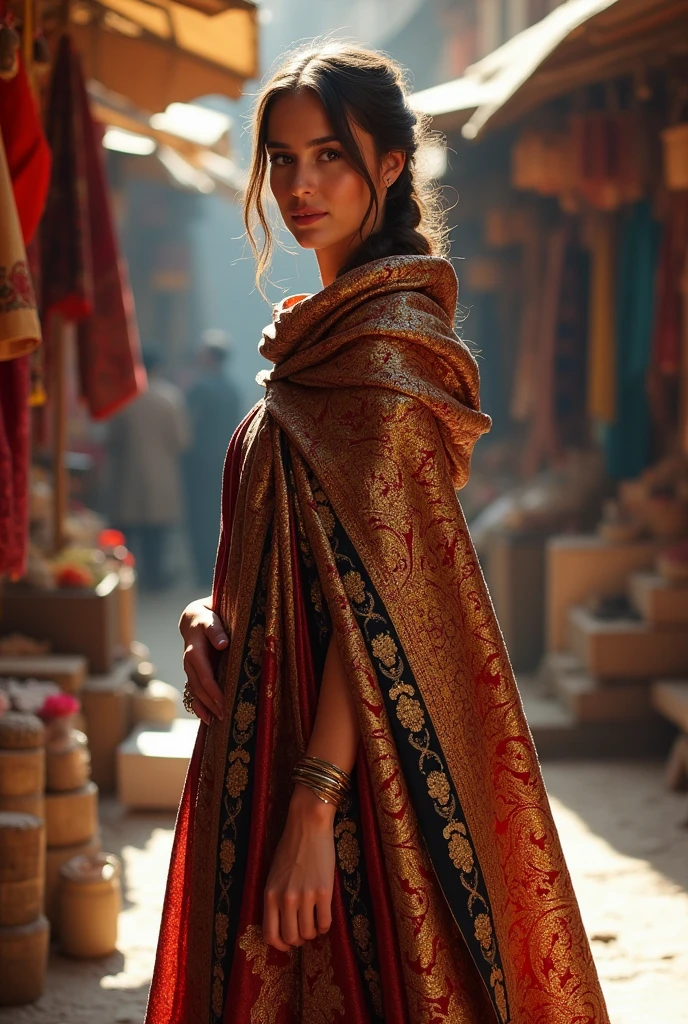 a woman with a wide mantle of Mosul fabric,
and silk sown with golden sequins and brocade lining.