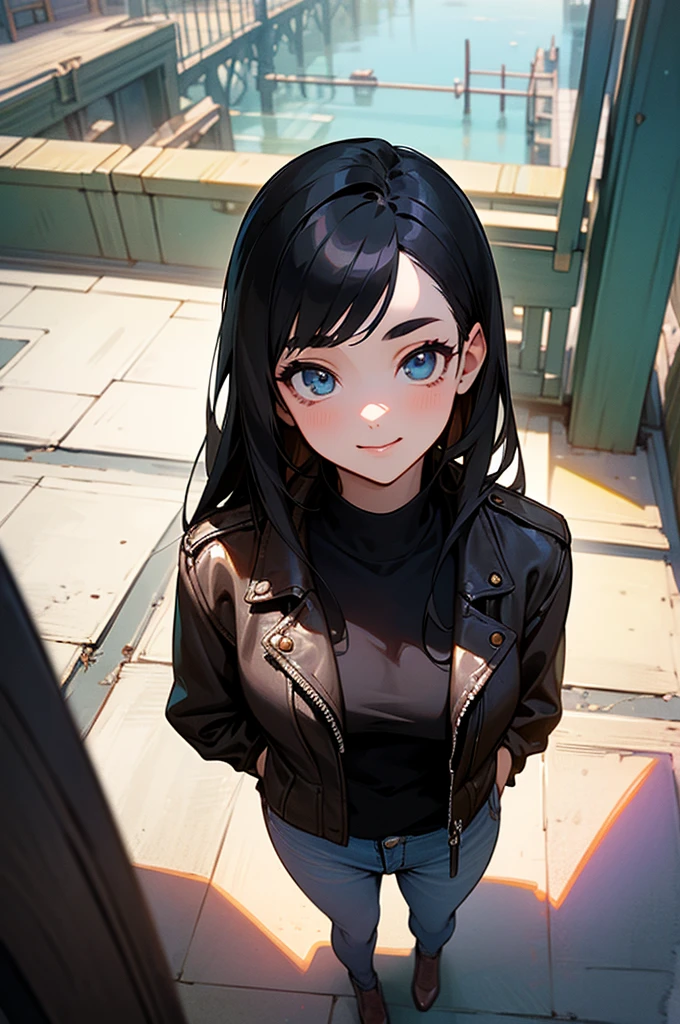 (masterpiece, Best quality:1.5), bright light, beautiful eyes, Ultra detailed face,  ((Ideal Anatomy)), (professional look), romantic and nostalgic themes, 
break 1 girl, long hair, black hair, straight hair, short bangs above the eyebrows, happy, I look at the viewer, 
break (leather jacket), 
break  outdoors city, (cowboy shot:1.2), shot from above, 