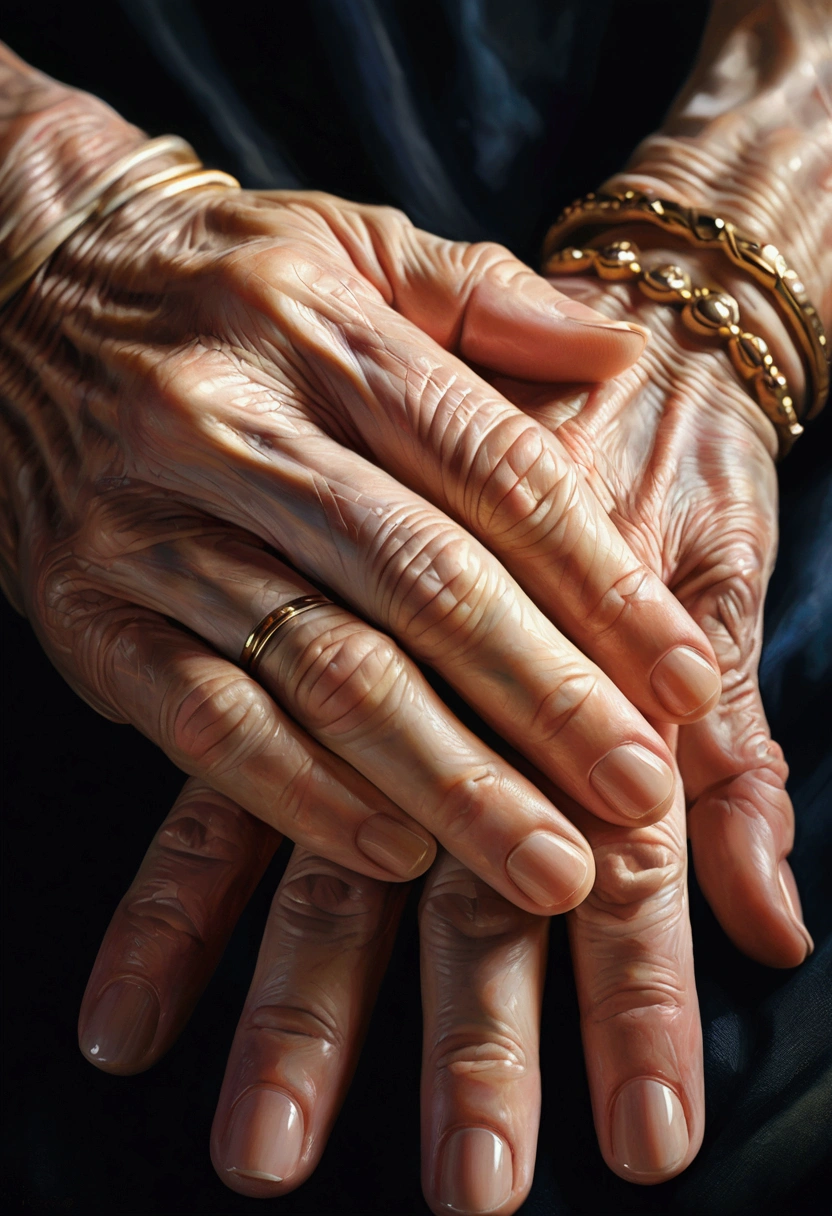 Hand, Close-up of Hands, a close-up portrait of a person's hands, detailed skin texture, veins, wrinkles, delicate fingers, intricate gestures, warm lighting, soft focus, cinematic composition, dramatic chiaroscuro, hyper-realistic, rich tones, oil painting, masterpiece, best quality, very aesthetic, absurdres