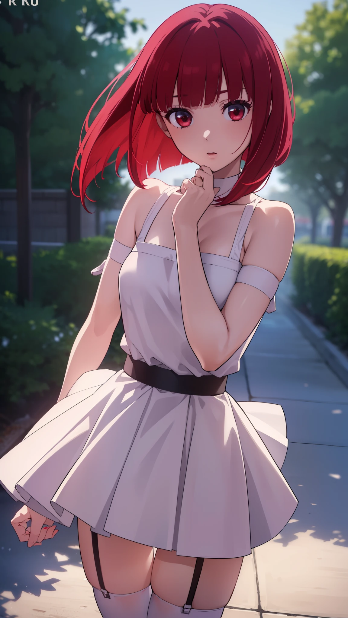 A beautiful redheaded girl with a bob cut, wearing a sexy white nurse cosplay with a torn skirt, garter, and thighs, her red eyes and hair blowing in the wind, (best quality,4k,8k,highres,masterpiece:1.2),ultra-detailed,(realistic,photorealistic,photo-realistic:1.37),portraits,vivid colors,studio lighting