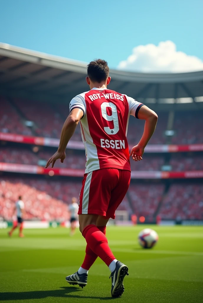 Football player playing football wearing red white jersey,has number 9, and on the jersey it says Rot-Weiss Essen ,photographed from behind