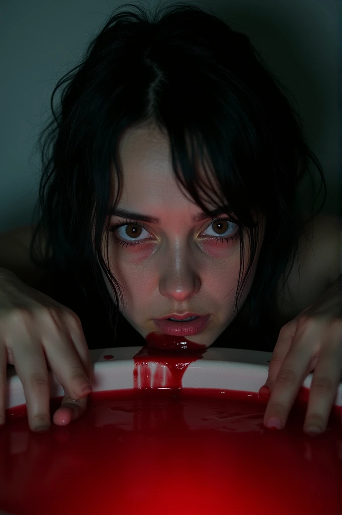 Woman in a pool of blood looking straight ahead with a look of despair while wiping her mouth which is also bloody