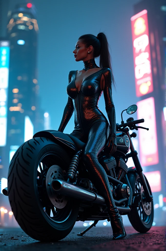 Woman in a futuristic suit sitting on a motorcycle showing her breasts