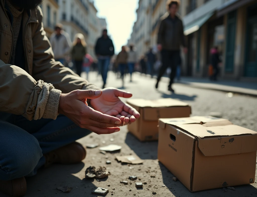 close-up shot of hands:1.4, hands of a humble person begging for alms sitting on the ground, among cardboard boxes:1.5, dirty hands, clothes and clothes ,busy street, people walking down the street, without paying attention to the person asking for money, dramatic scene, cinematic lighting, poster asking for help,