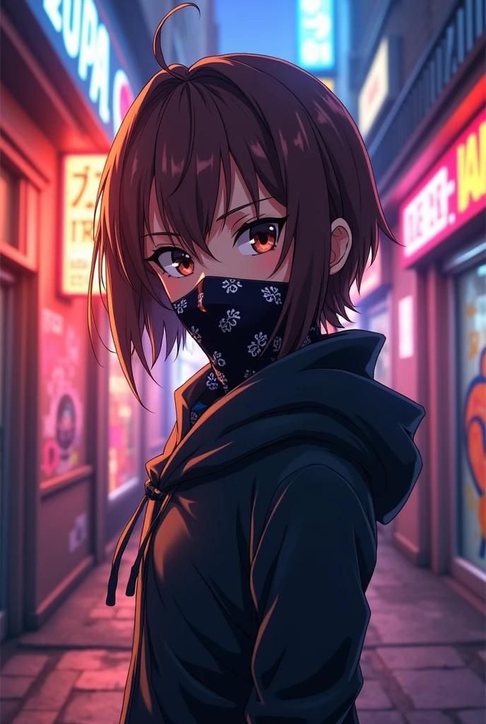 Anime character with a bandana covering their mouth,
with a parted hairstyle with medium length brown hair 