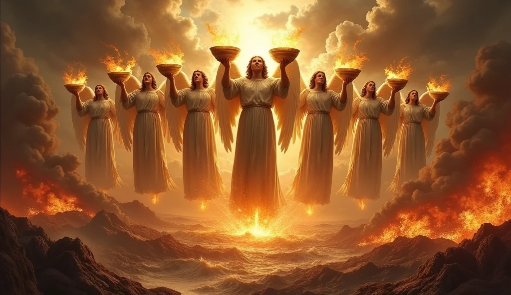 A dramatic scene showing seven angels, each holding a golden bowl filled with divine wrath, poised to pour out their contents upon the Earth. The angels are arrayed in a celestial formation, their faces stern and resolute as they prepare to execute the final judgments. Below, the Earth is depicted in chaos, with seas boiling, lands scorched, and the sky darkened by a thick, ominous cloud. As each angel tips their bowl, the scene shifts to show the devastating effects: rivers turning to blood, intense heat scorching the land, darkness engulfing the world, and earthquakes tearing the ground apart. The imagery is both powerful and terrifying, capturing the immense scale of divine retribution.