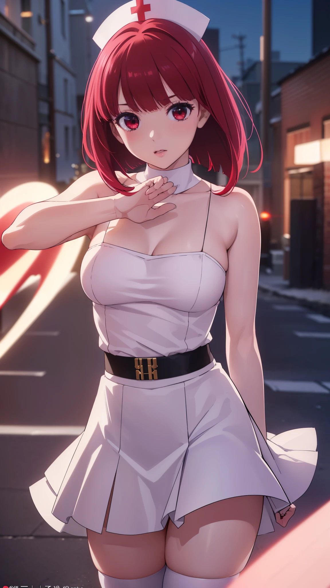 A beautiful redheaded girl with a bob cut, wearing a sexy white nurse cosplay with a torn skirt, garter, and thighs, her red eyes and hair blowing in the wind, (best quality,4k,8k,highres,masterpiece:1.2),ultra-detailed,(realistic,photorealistic,photo-realistic:1.37),portraits,vivid colors,studio lighting