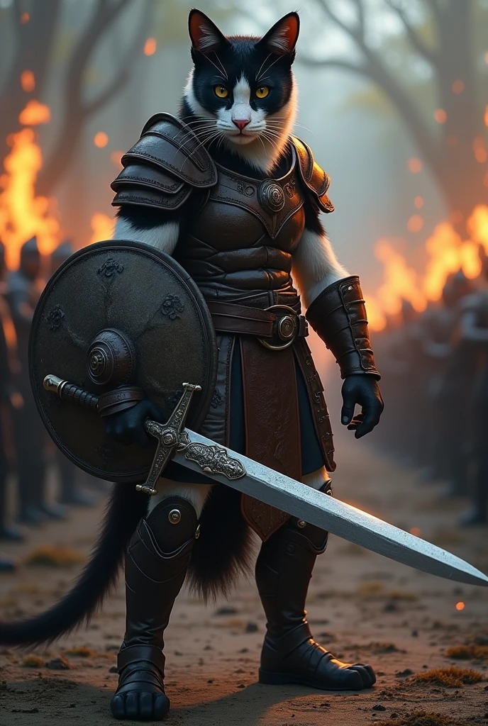 I want you to make an image of a humanoid feline holding a body shield
On the left arm
Put some leather armor on it
Now a longsword on the right arm
The body is to have fur
And I want the fur to be black and white