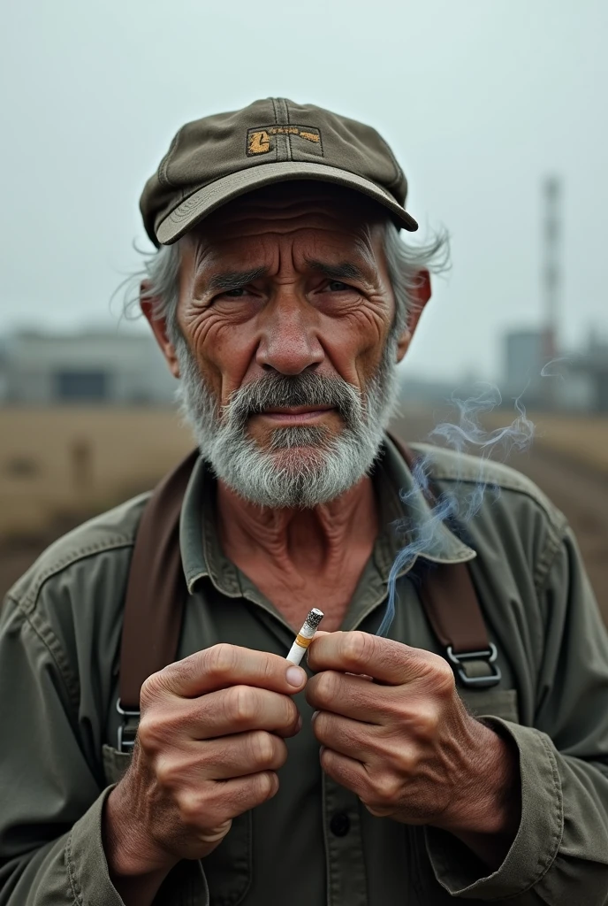 A 57 year old man,smoker,wiry hair , he has yellow teeth,mustache,pessimist,he wears worker's clothes, and a hat .In the background a plain looking ahead
